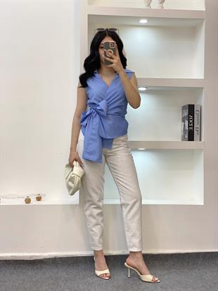 Quzu Marka Premium Mavi Renk Kuşaklı Model Gömlek 