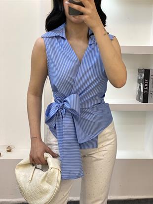 Quzu Marka Premium Mavi Renk Kuşaklı Model Gömlek 