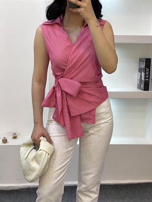 Quzu Marka Premium Pembe Renk Kuşaklı Model Gömlek 