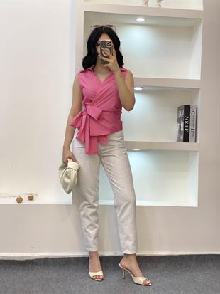 Quzu Marka Premium Pembe Renk Kuşaklı Model Gömlek 