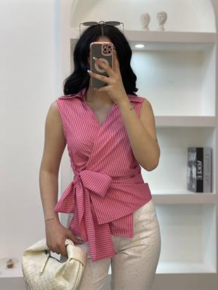 Quzu Marka Premium Pembe Renk Kuşaklı Model Gömlek 