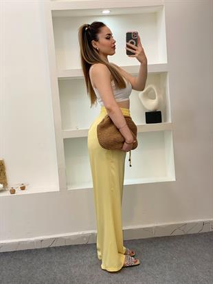 Quzu Marka Sarı Yüksek Bel Beli Lastikli Palazzo Pantolon 