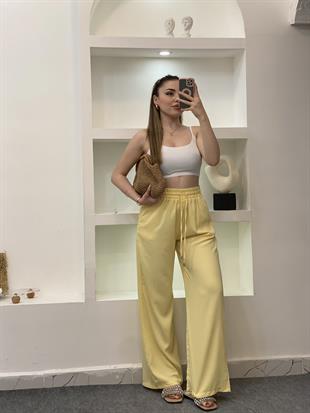 Quzu Marka Sarı Yüksek Bel Beli Lastikli Palazzo Pantolon 