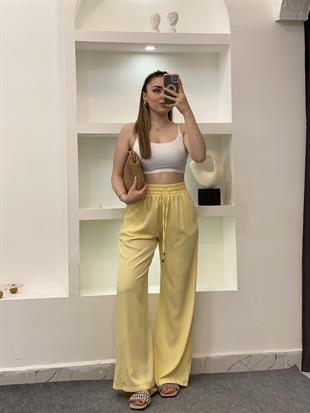 Quzu Marka Sarı Yüksek Bel Beli Lastikli Palazzo Pantolon 