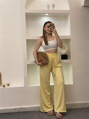 Quzu Marka Sarı Yüksek Bel Beli Lastikli Palazzo Pantolon 