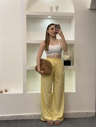 Quzu Marka Sarı Yüksek Bel Beli Lastikli Palazzo Pantolon 