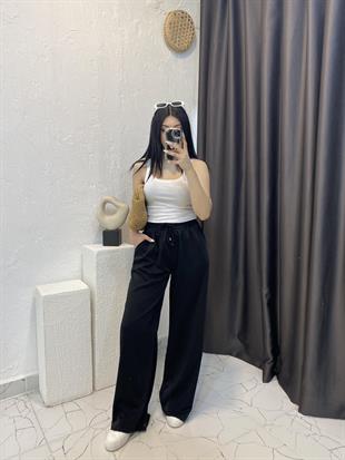 Quzu Marka Siyah Yüksek Bel Beli Lastikli Palazzo Pantolon 