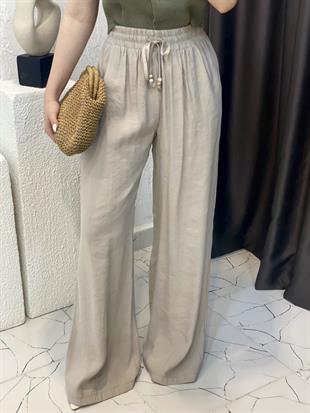 Quzu Marka Taş Renk Premium Kalite Beli Lastikli Palazzo Pantolon 