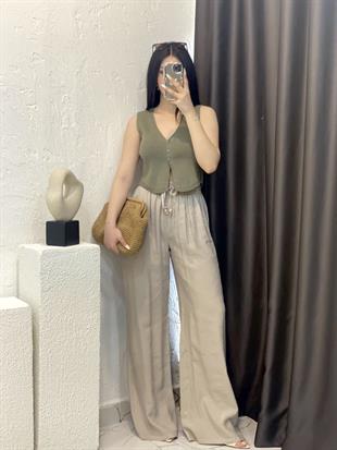 Quzu Marka Taş Renk Premium Kalite Beli Lastikli Palazzo Pantolon 