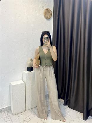 Quzu Marka Taş Renk Premium Kalite Beli Lastikli Palazzo Pantolon 