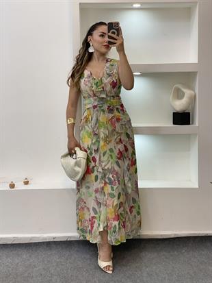 Renkli Bel Dekolteli Floral Elbise