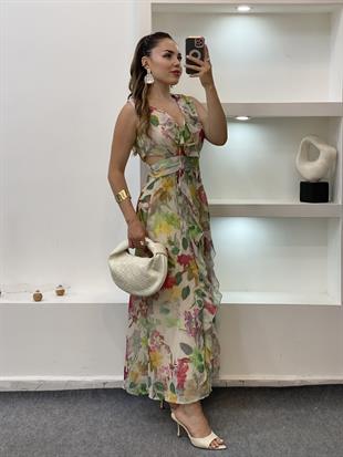 Renkli Bel Dekolteli Floral Elbise