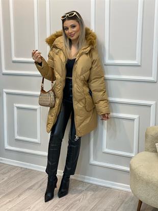 Robin Marka Camel Kürk Kapşonlu Jean Detaylı Mont 