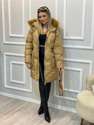 Robin Marka Camel Kürk Kapşonlu Jean Detaylı Mont 