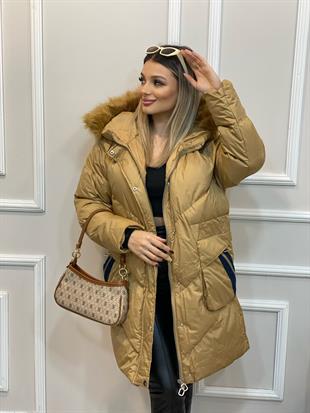 Robin Marka Camel Kürk Kapşonlu Jean Detaylı Mont 