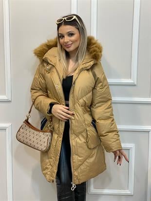 Robin Marka Camel Kürk Kapşonlu Jean Detaylı Mont 
