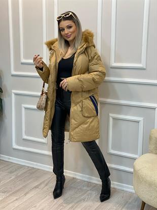 Robin Marka Camel Kürk Kapşonlu Jean Detaylı Mont 