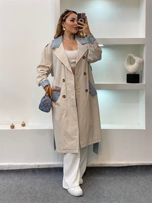 Robin Marka Jean Detaylı Premium Kalite  Maxi Boy Trenç