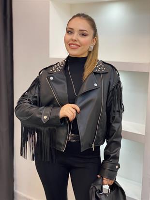 Robin Marka Siyah Zımbalı Püskül Detaylı Deri Ceket