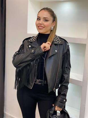 Robin Marka Siyah Zımbalı Püskül Detaylı Deri Ceket