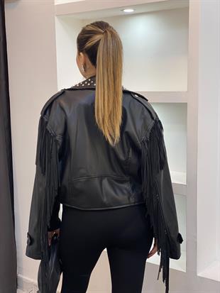 Robin Marka Siyah Zımbalı Püskül Detaylı Deri Ceket