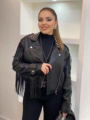 Robin Marka Siyah Zımbalı Püskül Detaylı Deri Ceket