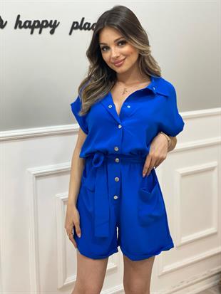 Saks Mavi Şehir Boy Tiril Tiril Keten Tulum