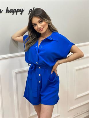 Saks Mavi Şehir Boy Tiril Tiril Keten Tulum