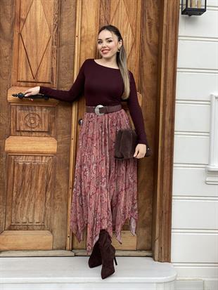 Şal Desenli Asimetrik Kesim Etek