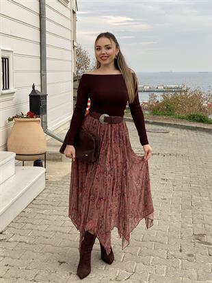 Şal Desenli Asimetrik Kesim Etek