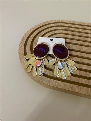 Sallantı Detay Özel Seri  Bordo Taşlı Küpe 