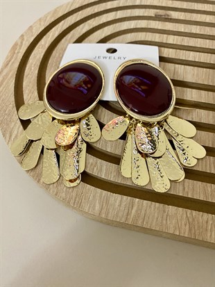 Sallantı Detay Özel Seri  Bordo Taşlı Küpe 