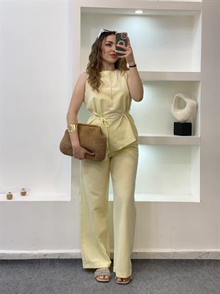 Sarı Beli Kuşaklı Keten Takım