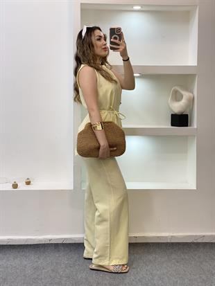 Sarı Beli Kuşaklı Keten Takım