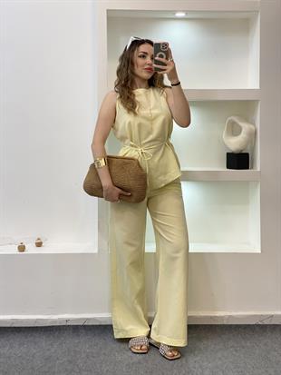 Sarı Beli Kuşaklı Keten Takım