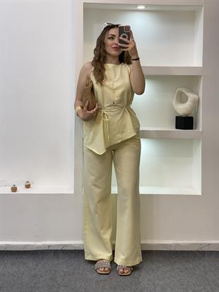 Sarı Beli Kuşaklı Keten Takım