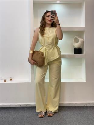 Sarı Beli Kuşaklı Keten Takım