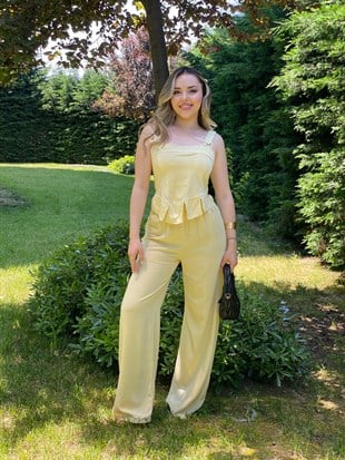 Sarı Büstiyerli Keten Takım