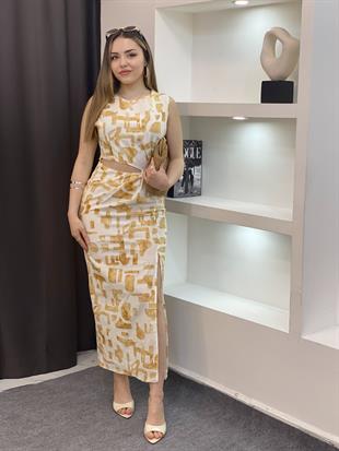 Sarı Desenli Önü Dekolteli Lüx Kalite Elbise 