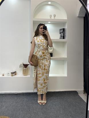 Sarı Desenli Önü Dekolteli Lüx Kalite Elbise 