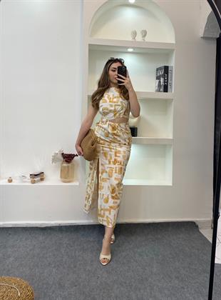 Sarı Desenli Önü Dekolteli Lüx Kalite Elbise 