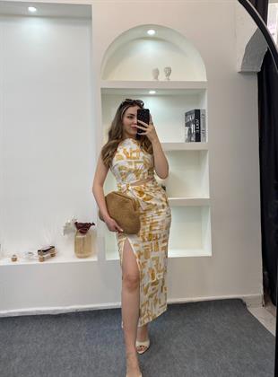 Sarı Desenli Önü Dekolteli Lüx Kalite Elbise 