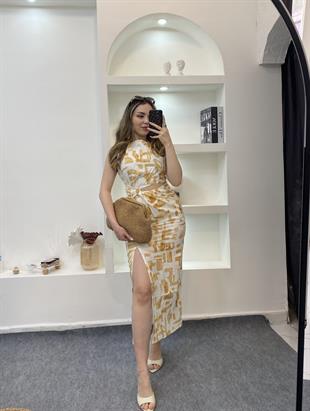 Sarı Desenli Önü Dekolteli Lüx Kalite Elbise 