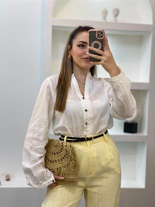 Sarı Kemerli Model Keten Palazzo Pantolon 