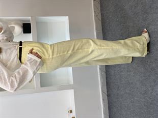 Sarı Kemerli Model Keten Palazzo Pantolon 