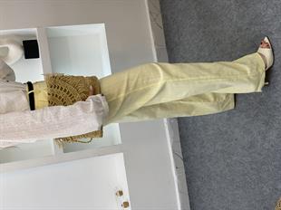 Sarı Kemerli Model Keten Palazzo Pantolon 