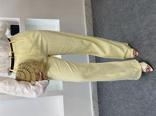 Sarı Kemerli Model Keten Palazzo Pantolon 