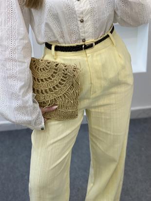 Sarı Kemerli Model Keten Palazzo Pantolon 