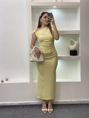 Sarı Omuz Gold Tokalı Elbise