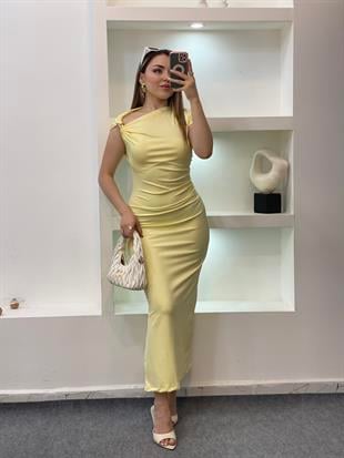 Sarı Omuz Gold Tokalı Elbise